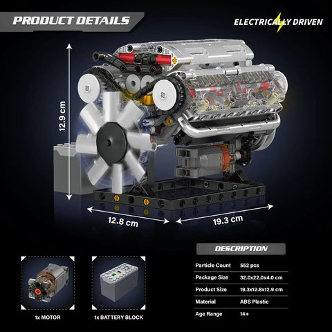 DIY Mini V8 Engine Model Kit with 535 Pieces for Teens and Adults Hands On Functional Engine Build STEM Learning Set Educational Hobby Gift for Mechanics Fans and Makers, ABS plastic, 19.3 x 12.8 x 12.9 cm