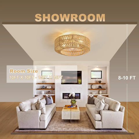 Showroom display of Whisper Quiet Boho Caged Rattan Fandelier Ceiling Fan With Bright Integrated Lighting in living room setting.