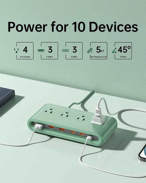 All In One Power Strip With 6 USB Ports And 4 AC Outlets, 5 Ft GaN Fast Charging Station, USB-C PD 3.0, Charges Up To 10 Devices, No Fuss Power Hub For Home Office Dorm And Travel, PD20W Ready, mint power strip on desk