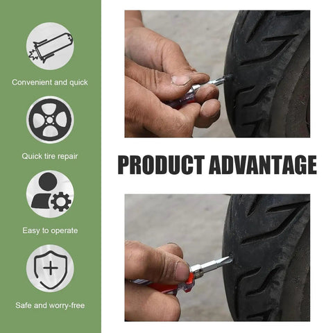 DIY Tire Repair Kit With Rubber Nails And Screw In Plugs For Tubeless Tires, Two Size Set For Cars, Motorcycles, Trucks And Tractors, Includes Screwdriver For Quick Self Service On The Road in use on tire
