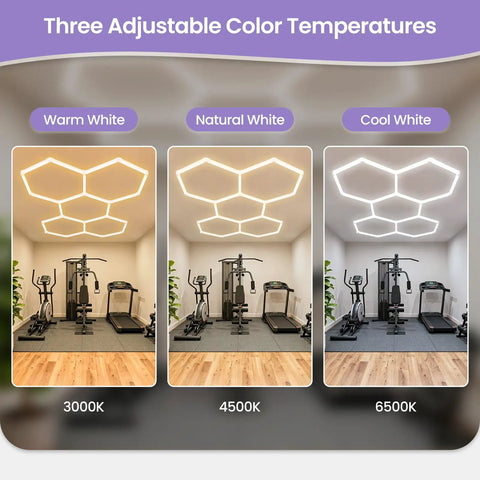 Insanely Bright Honeycomb Hexagon LED Garage Light 5 Pack 192W With Three Color Temperatures in home gym at 3000K 4500K 6500K