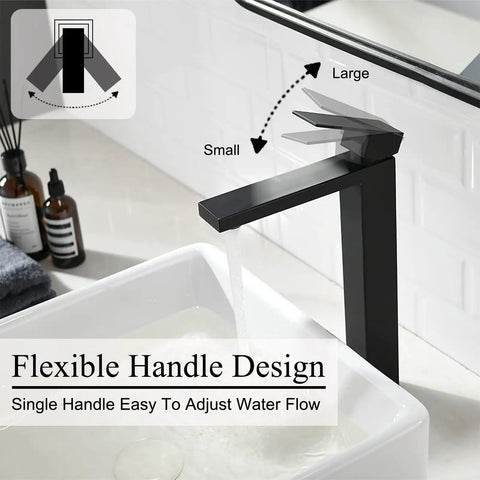 Single Handle Matte Black Tall Vessel Sink Faucet For Modern Vanity Basins With Drain Pop Up And Flexible Water Hoses Stainless Steel Bathroom Tap With Sleek Minimalist Vibe Model FRDC17914B showcasing flexible handle above white basin