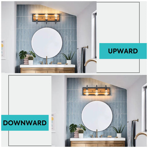 Rustic Three Light Vanity Fixture With Industrial Black Finish And Faux Wood Back Panel in upward and downward positions