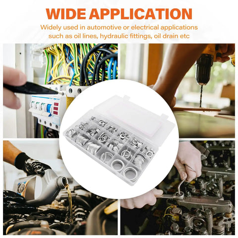 Premium Aluminum Crush Washer Kit With 570 Pieces In 18 Sizes From M6 To M24 for automotive uses, shown in tool applications