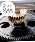 Close-up of 100 Piece Steel Snap Ring Set For Shafts And External Circlips with gears and retaining clips in a mechanical assembly.