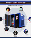 Beefy 50 HP Rotary Screw Air Compressor delivering 219 CFM at 125 PSI, 460V 3 Phase 60Hz with doors open showing interior components