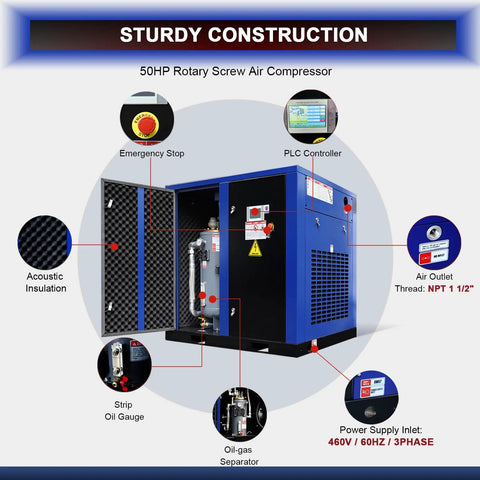 50HP Industrial Rotary Screw Air Compressor, 220 CFM At 125 PSI, 460V 3-Phase, Fixed Speed Heavy Duty Unit For Manufacturing Plants And Workshops Providing Reliable Continuous Duty Performance