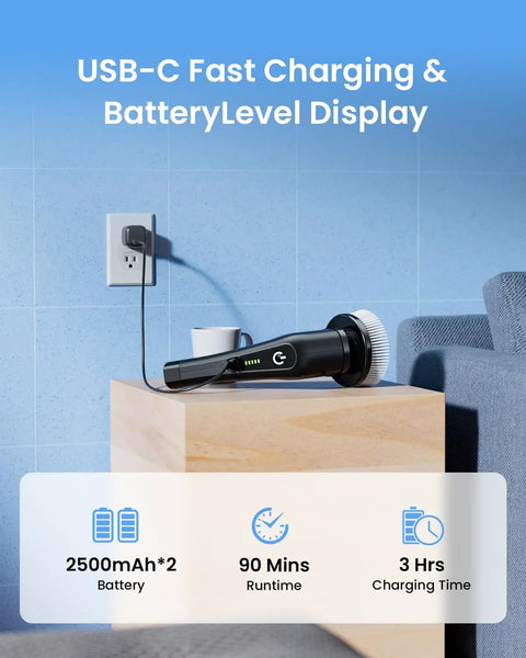 Electric Spin Scrubber Cordless Cleaning Brush Set With 8 Replaceable Heads Dual Speed Power Scrubber For Tub And Floor Tile Adjustable Detachable Handle No Fuss Cleaning For Grout, Shower, And Bathroom All Black, USB-C charging display