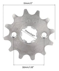 Front view of silver 12-tooth sprocket with 17mm bore from Beefed Up 420 Chain Kit With 132 Links And 45 Tooth Rear Sprocket Plus 12 Tooth Front Sprocket With Seventeen Millimeter Bore Fit Chinese 50cc To 170cc Pit Dirt Bike Off Road Motorbike