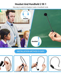 Presentation using UHF Wireless Headset Microphone System With 160 Feet Range, teacher in headset mode, handheld mode close-up.
