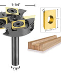 Two Plus Two Flute Slab Flattening Router Bit With One Quarter Inch Shank And One And One Quarter Inch Cutting Diameter Carbide Insert Spoilboard Surfacing Bit With ATS Coating For Softwood Hardwood And MDF Replaceable Ten By Ten By Two Point Two Carbide