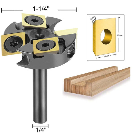 1-1/4 Inch Slab Flattening Router Bit With 1/4 Inch Shank, 2 Plus 2 Flute Carbide Inserts, ATS Coating shown with inserts and wood