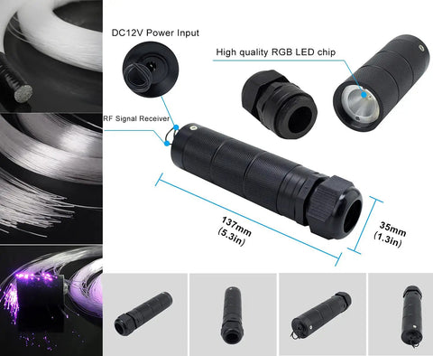 Components of Lit Car Fiber Optic Lighting Kit Six Watt RGBW With Two Hundred Ninety Five Fibers, Nine Point Eight Foot Run