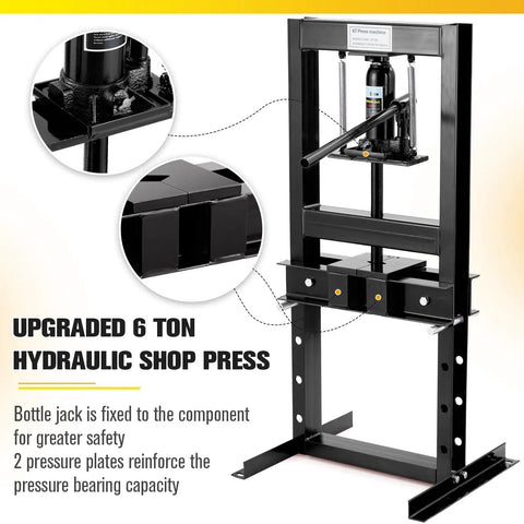Beefy 6 Ton Hydraulic Press H-Frame Shop Press With Adjustable Height Work Table And 2 Press Plates Heavy Duty Floor Mount