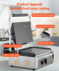 VEVOR Commercial Panini Grill 1800W Electric Sandwich Press with stainless steel construction and enamel cooking surface.