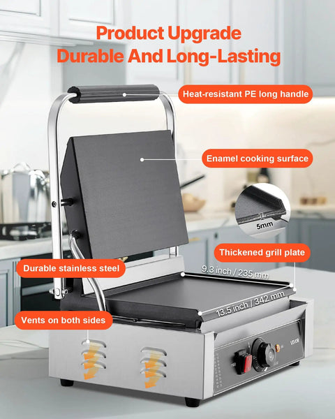 VEVOR Commercial Panini Grill 1800W Electric Sandwich Press with stainless steel construction and enamel cooking surface.