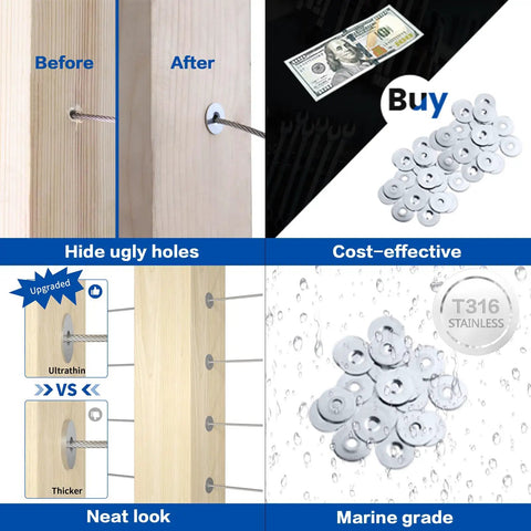 40 Pack Cable Railing Adhesive Sleeves For 1/8 Inch, 5/32 Inch, And 3/16 Inch Wire Rope, T316 Stainless Steel Grommet Protector Sleeves For Wood And Metal Posts Slick Decorative Railing Hardware Kit CR91 displayed on poster with before and after installation, cost-effective and neat look features highlighted.