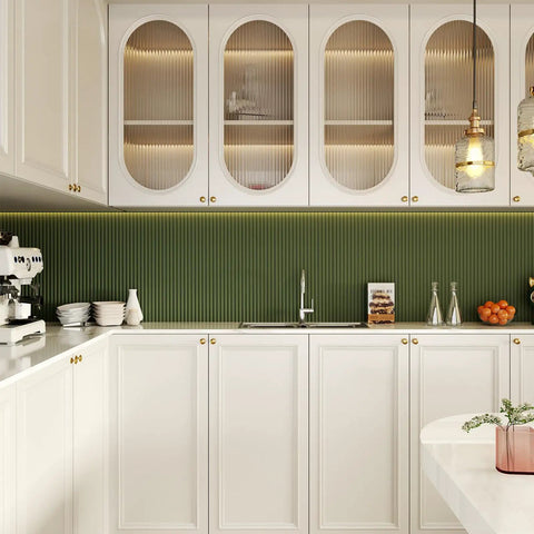 White kitchen with green backsplash featuring 10 Pack Champagne Bronze Cabinet Knobs One And Three Sixteenths Inch Round Zinc Alloy Dresser Drawer Knobs