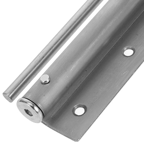 Close-up of the stainless steel door closer showing the heavy-duty construction and mounting holes for installation.
