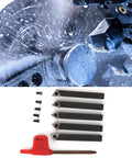 5-piece 1/4in indexable turning tool set with cemented carbide inserts (60°, 75°, 90°) and screws, shown with a lathe