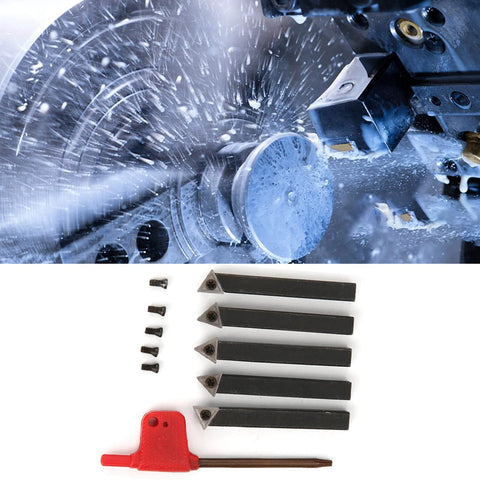 5-piece 1/4in indexable turning tool set with cemented carbide inserts (60°, 75°, 90°) and screws, shown with a lathe