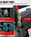 Air inlet port on Heavy Duty 3.5 CfM 1/4 HP 110V Single Stage HVAC AC Vacuum Pump Kit for safe refrigerant connection.