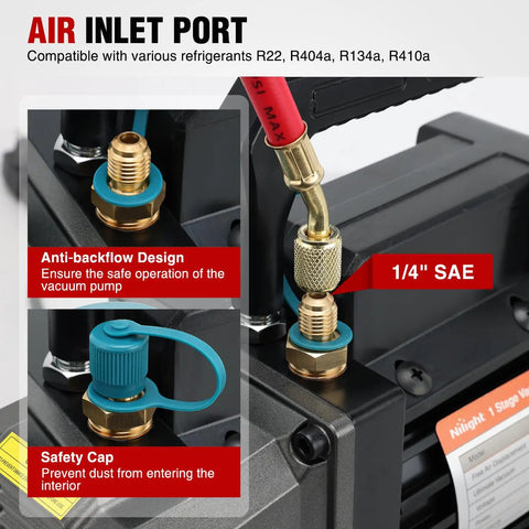 Air inlet port on Heavy Duty 3.5 CfM 1/4 HP 110V Single Stage HVAC AC Vacuum Pump Kit for safe refrigerant connection.