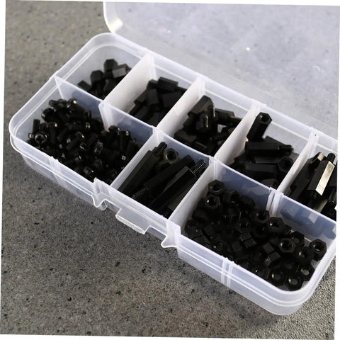 300 Pcs Nylon Spacers Nuts And Screws Assortment Kit In Black And White With Plastic Storage Box For Electronics DIY Projects Easy To Install Durable Nylon Spacers And Nuts And Screws, open box