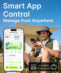 Man using a phone app to control Two Zone Smart Garden Sprinkler Timer With Flow Meter For Hose outdoors, showcasing app interface.