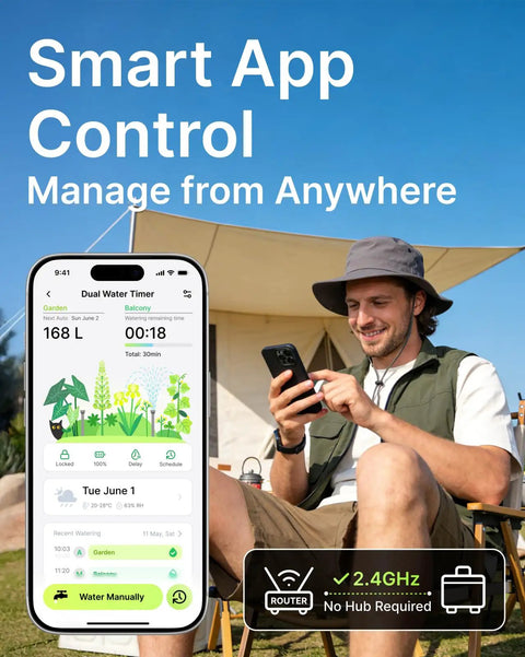 Man using a phone app to control Two Zone Smart Garden Sprinkler Timer With Flow Meter For Hose outdoors, showcasing app interface.