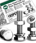 Massive 182Piece M6 Nuts And Bolts Kit With A2-70 Stainless Steel Hex Head Cap Screws M6x8 To M6x35 Includes Flat Washers
