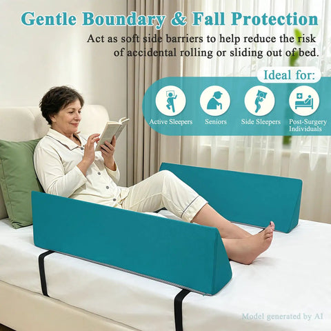 Bed Rail Foam Pads For Elderly Safety And Fall Protection in use with teal cushions on bed, woman reading, home setting.