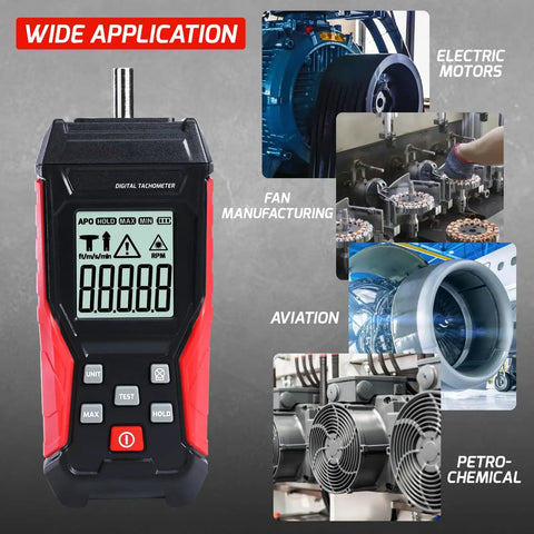 2-In-1 Tachometer With Noncontact Laser And Contact RPM Meter showing applications in motors and machinery.