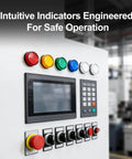 Industrial control panel with LED pilot signal lamps and digital display for safe operation in machinery control circuits.