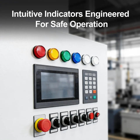 Industrial control panel with LED pilot signal lamps and digital display for safe operation in machinery control circuits.