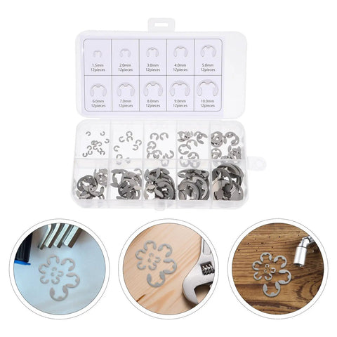 Awesome Box Of External Retaining Rings Assorted Made From Stainless Steel For Heavy Duty Clamping And Machine Repairs With M1.5 To M10 Sizes Inside, assorted rings in transparent case.