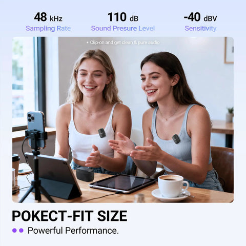 Two women using Wireless Lavalier Microphone System For iPhone Android And Cameras 2 Pack Cordless Lapel Mics, seated at a table.