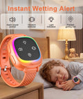 Wireless Bedwetting Alarm for Kids and Teens, Stop Bedwetting Fast With Easy Clip Transmitter, Ultra Sensitive Moisture Sensor, Bedside Receiver, Pediatric Overnight Training Aid for Boys and Girls. Orange watch alarm on sleeping child