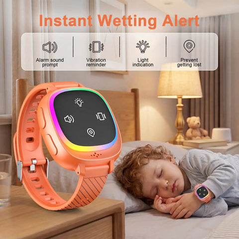 Wireless Bedwetting Alarm for Kids and Teens, Stop Bedwetting Fast With Easy Clip Transmitter, Ultra Sensitive Moisture Sensor, Bedside Receiver, Pediatric Overnight Training Aid for Boys and Girls. Orange watch alarm on sleeping child