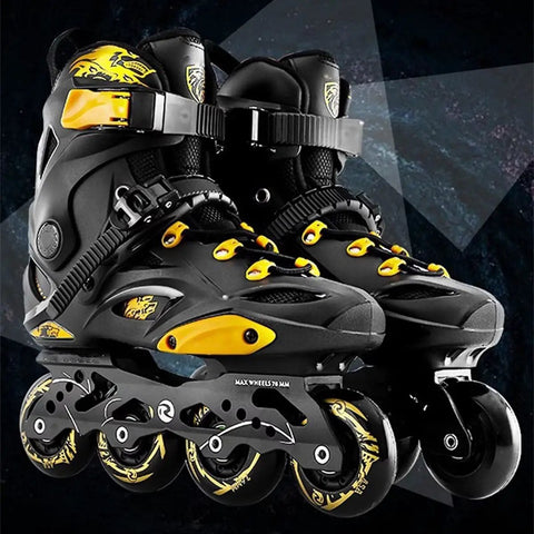 Men Inline Skates With Light Up Four Wheels, black and yellow adjustable roller blades for outdoor fitness use.