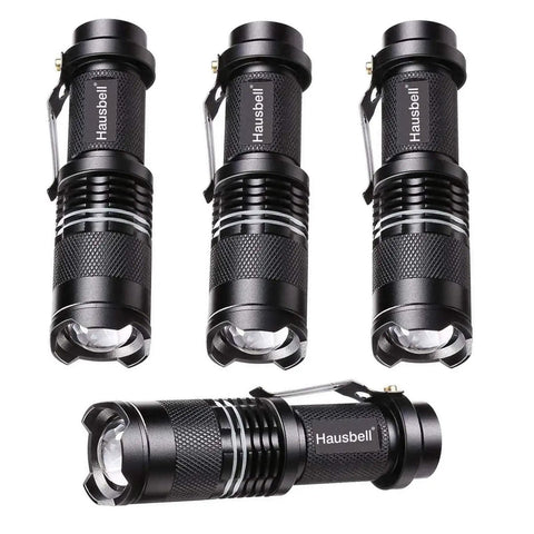 Ultra Bright Mini LED Flashlights 7W Zoomable Handheld Beams, black water-resistant, 4 pack displayed upright on white background.