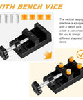Badass Manual Tapping Machine With Swivel Bench Stand And Tight Grip Chuck For Smooth M3 To M10 Threading Garage Built Extra Heavy Duty Workshop Gear showing bench vice for clamping different items.