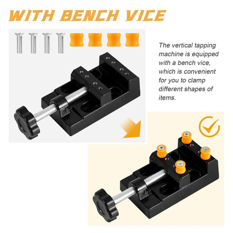 Badass Manual Tapping Machine With Swivel Bench Stand And Tight Grip Chuck For Smooth M3 To M10 Threading Garage Built Extra Heavy Duty Workshop Gear showing bench vice for clamping different items.