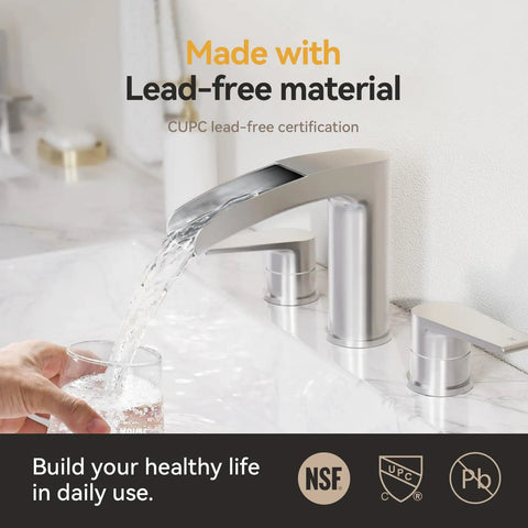 Person using Brushed Nickel Waterfall Bathroom Faucet For Your Vanity Sink Widespread 3 Hole 8 Inch Design Solid 304 Stainless Steel Construction Includes Pop Up Drain And Water Supply Lines