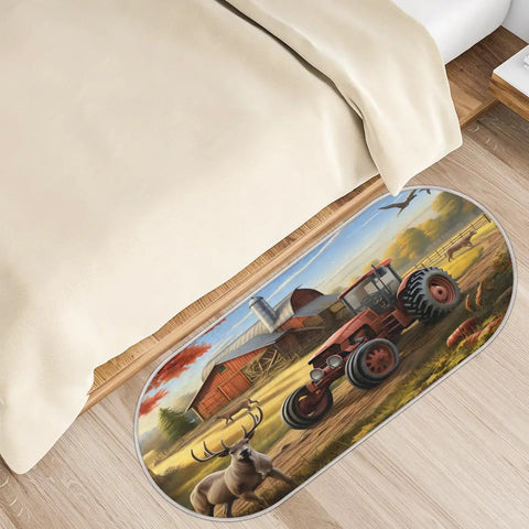 Ultra Plush Microfiber Bath Mat With Non Slip Grip Absorbent Oval Floor Rug in bedroom with tractor and deer print