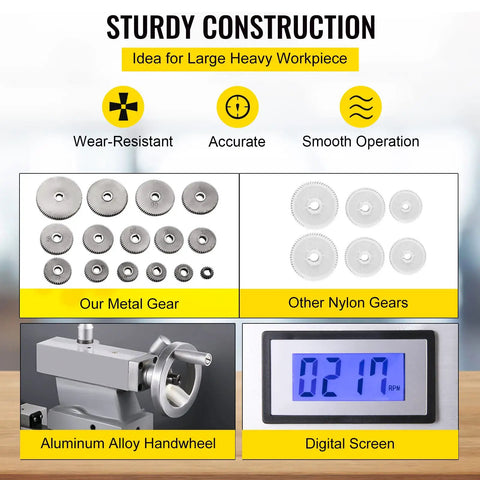 Heavy Duty 210Mm X 400Mm Mini Metal Lathe With Variable Speed Control Up To Two Thousand Two Hundred Fifty Rpm digital screen and aluminum handwheel.