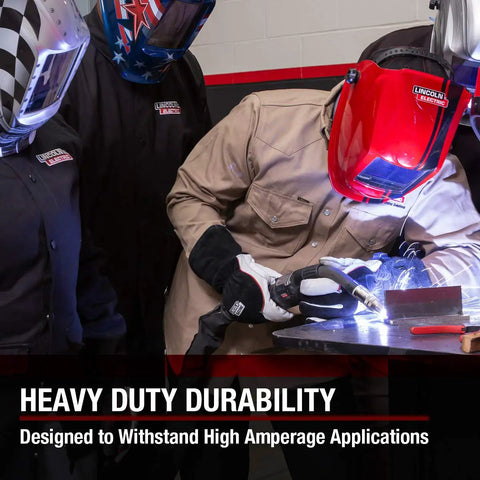 Welders wearing protective gear while using DynaMIG HD Professional MIG Welding Gloves With Heat Resistant Inner Liner And Cotton Dexterity Layer All Day Comfort Large Size Black Versatile For Hot Work And Precision Welds in a workshop.