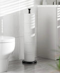 Free Standing Toilet Paper Holder With Reserve Function and Stainless Steel Spare Roll Storage in modern bathroom decor.