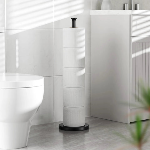 Free Standing Toilet Paper Holder With Reserve Function and Stainless Steel Spare Roll Storage in modern bathroom decor.