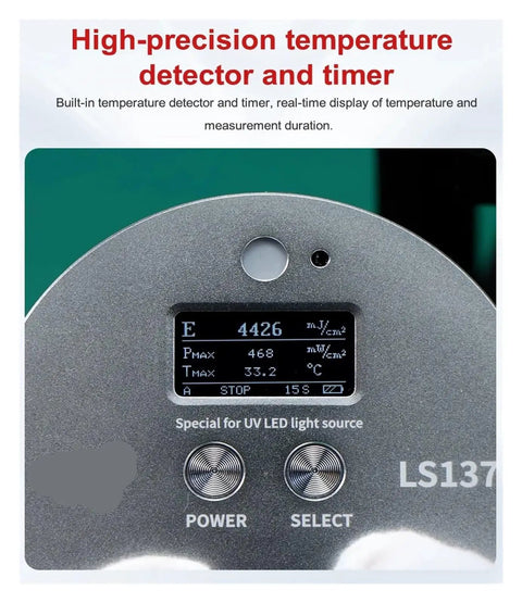 Ultra Slim UV Radiometer For UV LED Light Sources That Measures UV Intensity Energy And Temperature At The Same Time UVA Range 340 420nm Compact Portable Light Meter For Tight Spaces And Photography, front view